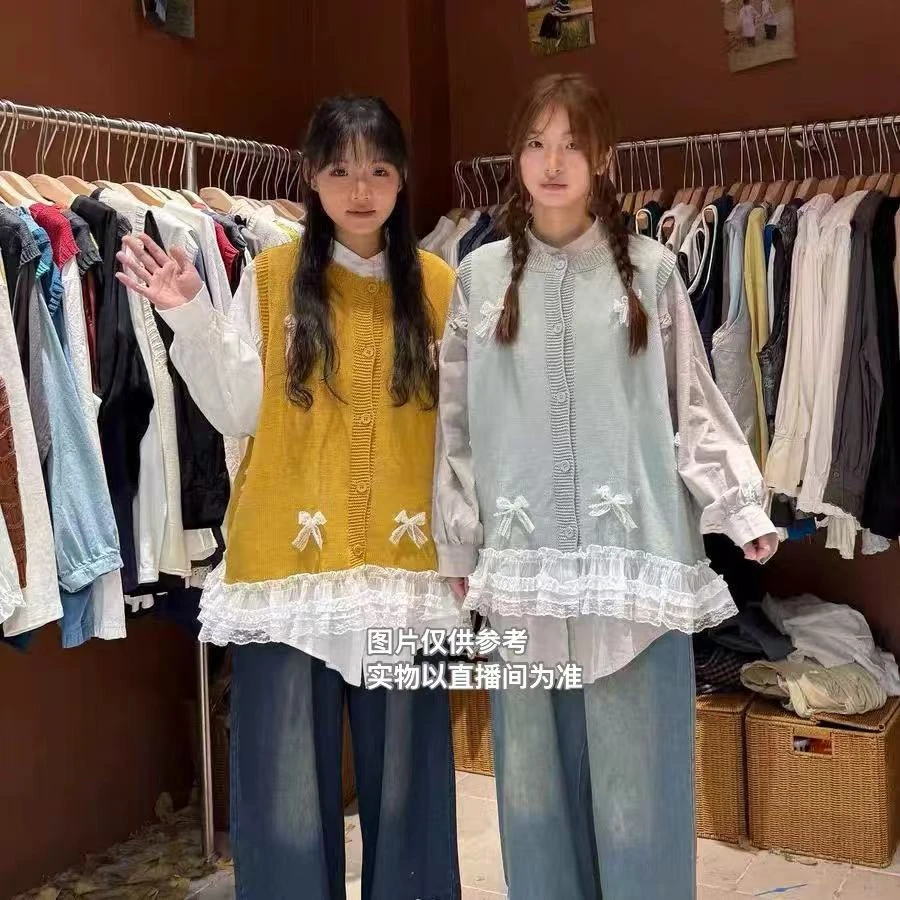 宽松版立体蝴蝶结拼接花边针织马甲