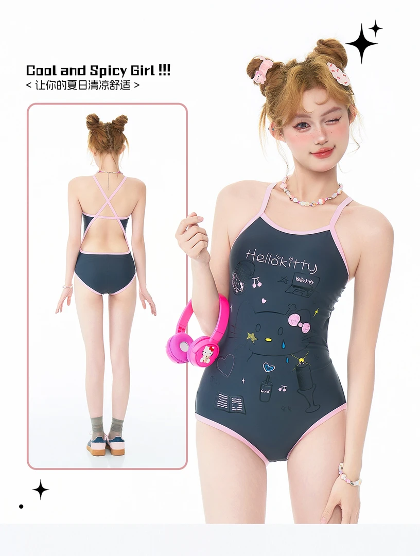 手绘涂鸦Kitty猫吊带背心女不规则性感辣妹纯欲泳衣网红