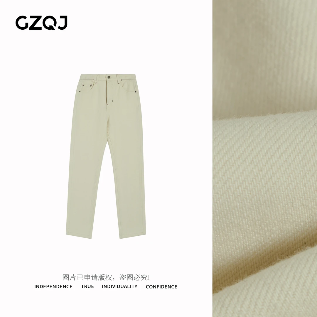 老琴私服【白桦林】法棍裤米白色加绒牛仔裤女直筒烟管九分裤G8107