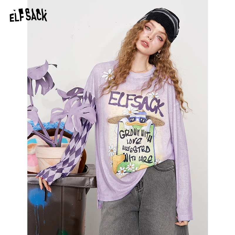 妖精的口袋慵懒风满印长袖t恤女2025年夏季新款宽松罩衫薄款上衣