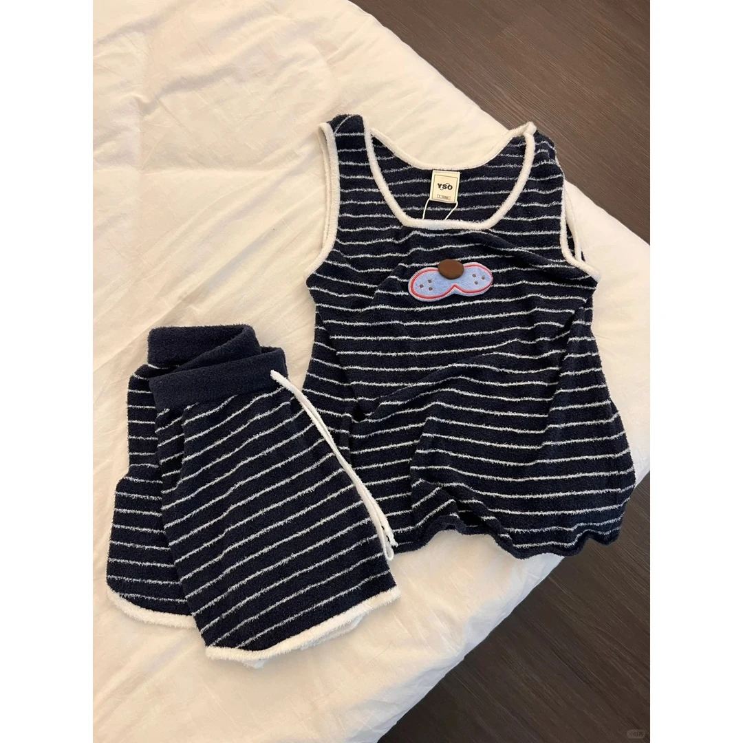 韩版可爱酷猫条纹吊带睡衣女款夏款休闲背心短裤可外穿家居服套装