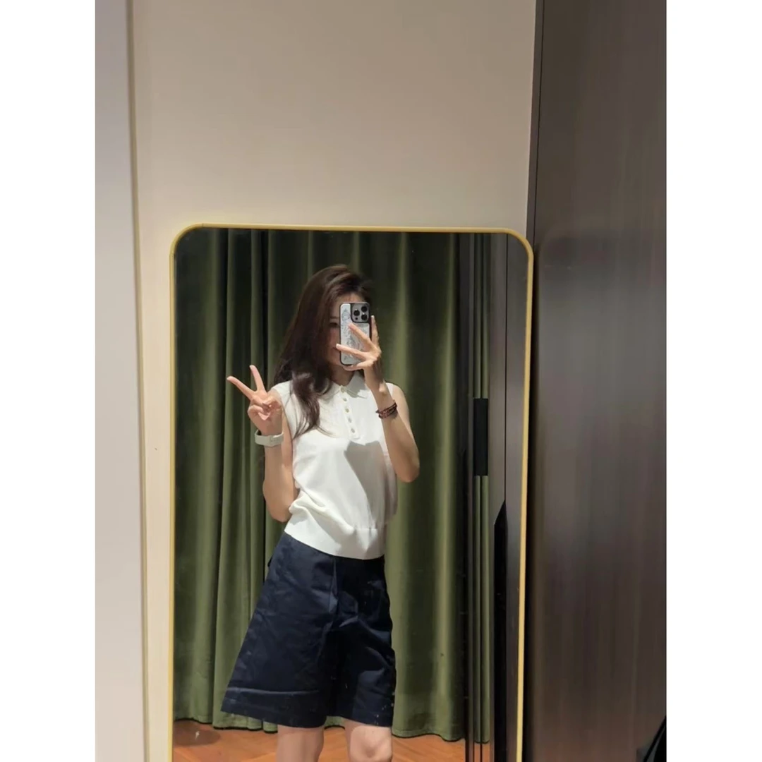 2025夏季新款时尚气质百搭立领无袖POLO衫恤上衣藏蓝色半身裙套装