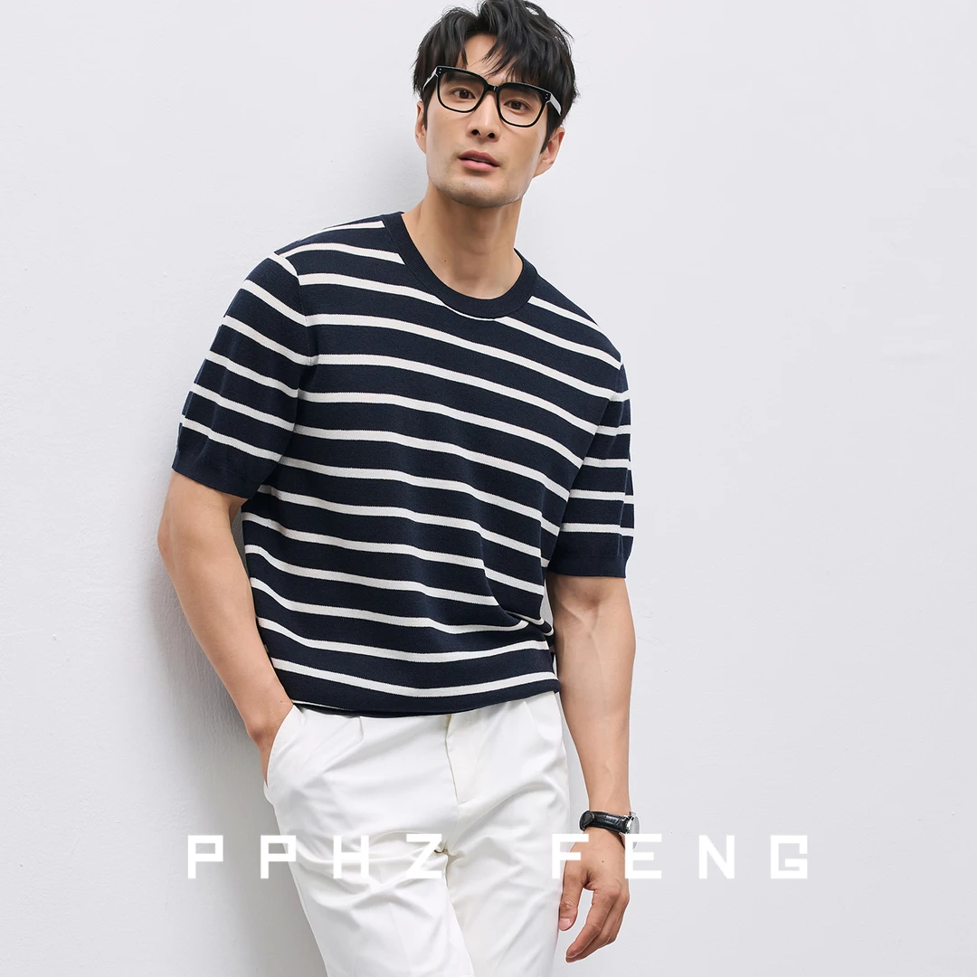 轻奢海魂衫 调温真丝羊毛细腻针织夏季条纹撞色休闲圆领短袖T恤男