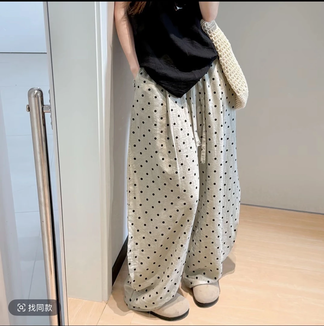 重工亚麻~波点印花松紧腰薄款棉麻休闲裤女夏季松弛感阔腿弯刀裤