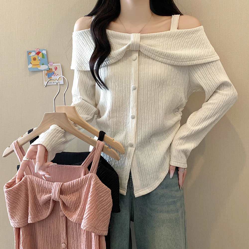 【wy】2025春季大码女装一字肩开叉露肩长袖上衣3099