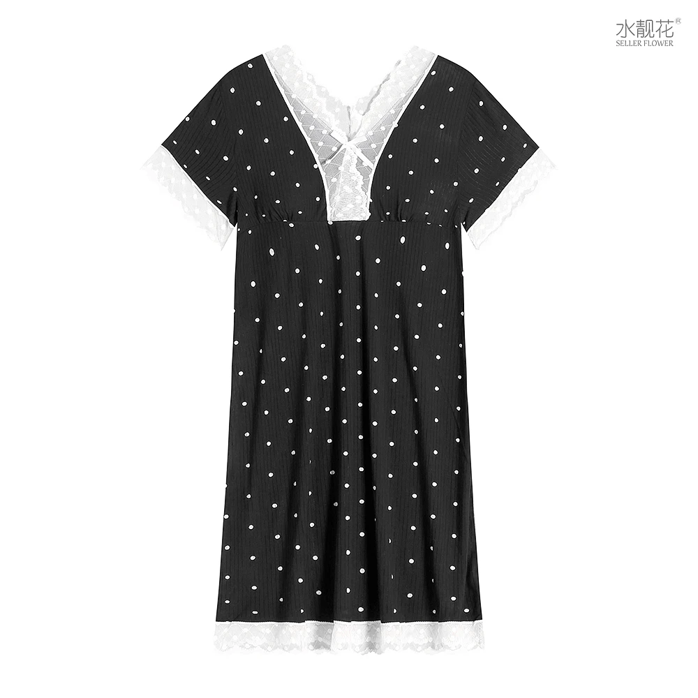 带胸垫睡裙女夏季半袖睡衣家居服连衣裙居家外穿波点蕾丝甜美爆款