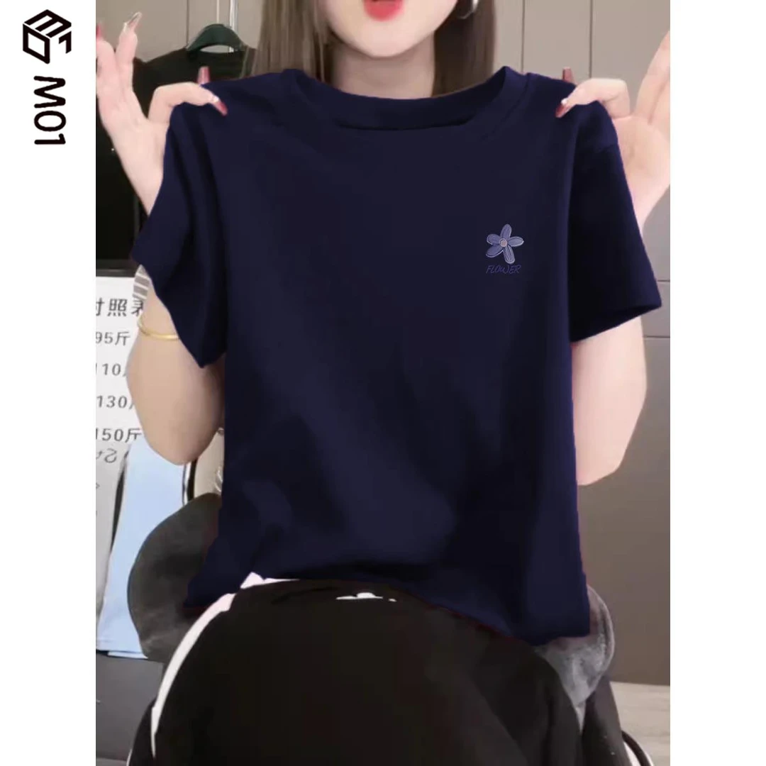 M01时尚藏青色正肩短袖T恤女夏季爆款小众设计感漂亮ins上衣女装