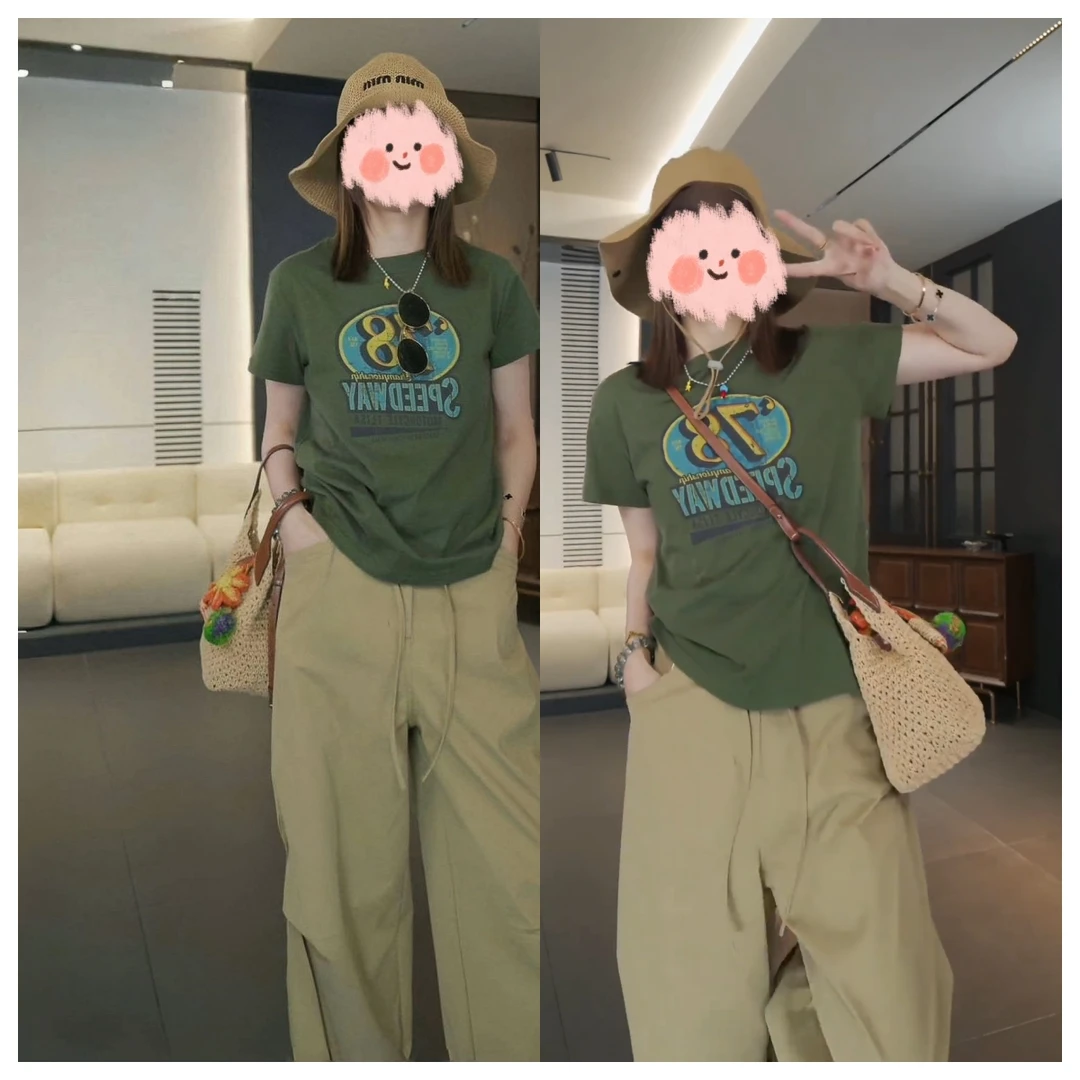 2025夏季军绿色印花短袖T恤女时尚小众百搭宽松叠穿潮流套头上衣