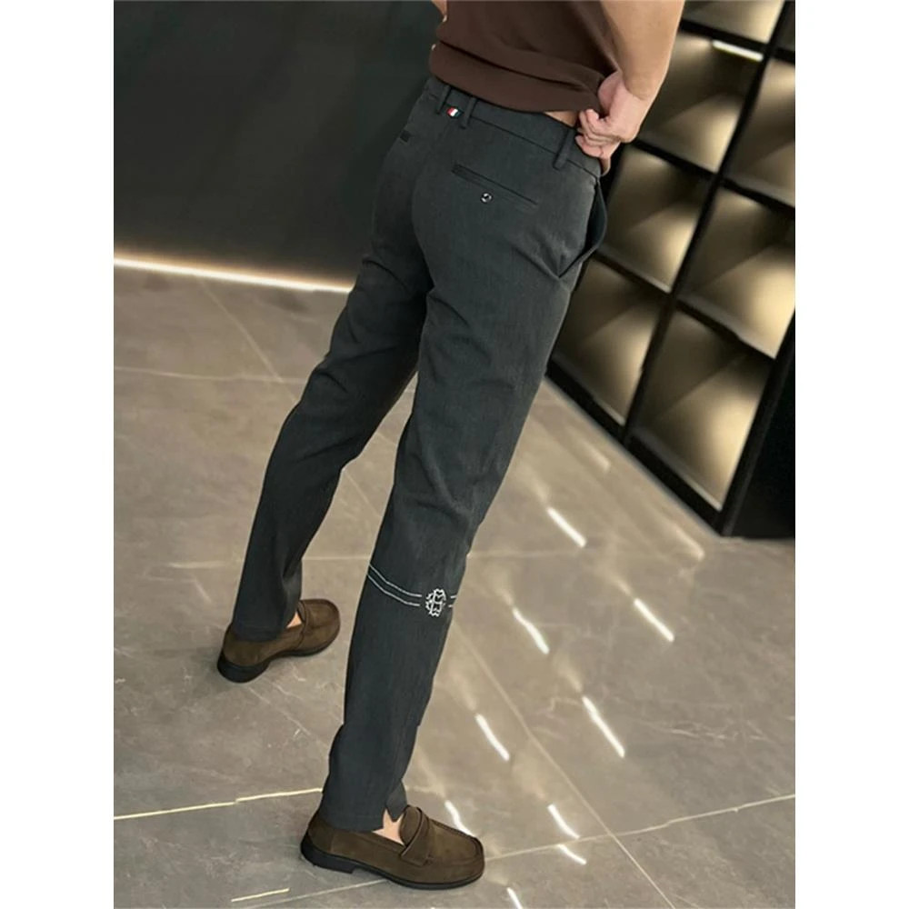 HKYC商务休闲裤男士秋季高档纯色直筒长裤刺绣百搭开叉潮流西装裤