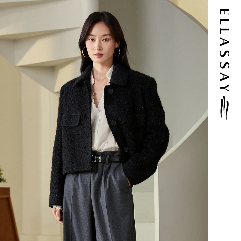 ELLASSAY歌力思2025秋冬新款简约气质短款毛呢外套女EWB363D01300
