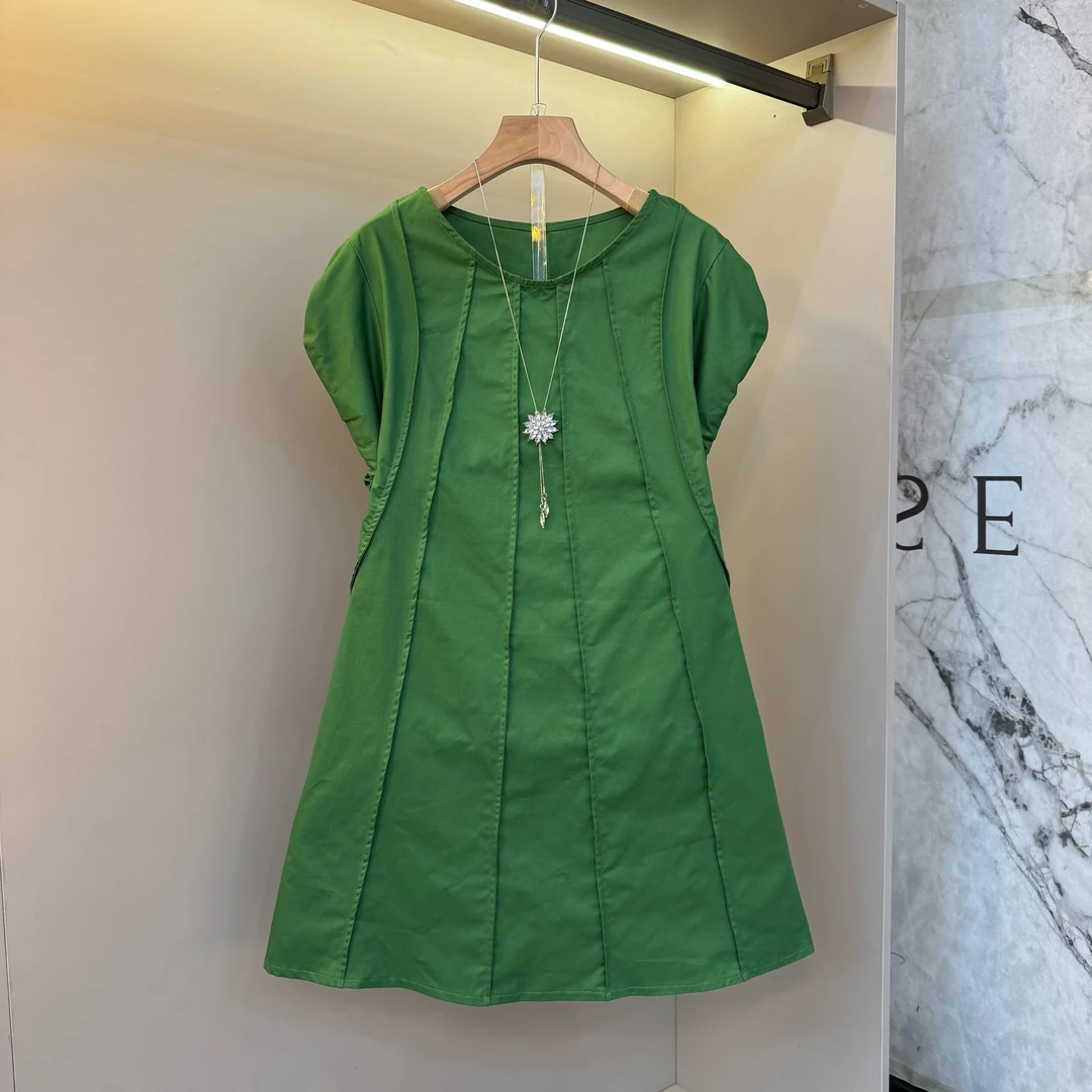 2025韩系圆领凸起压线条纹落肩花苞袖净版高级感大码连衣裙697