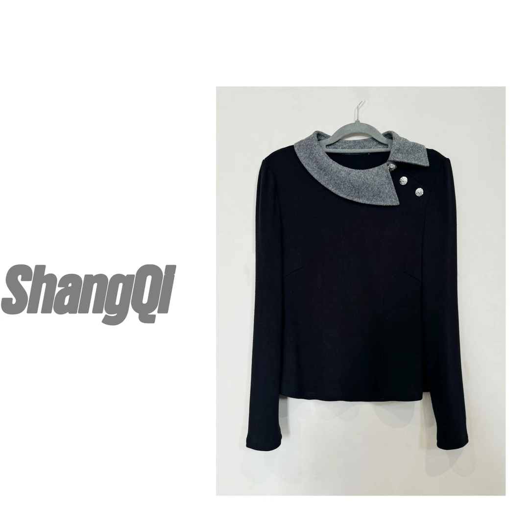 【伦敦小调】显瘦气质长袖设计感拼接百搭上衣--K1270