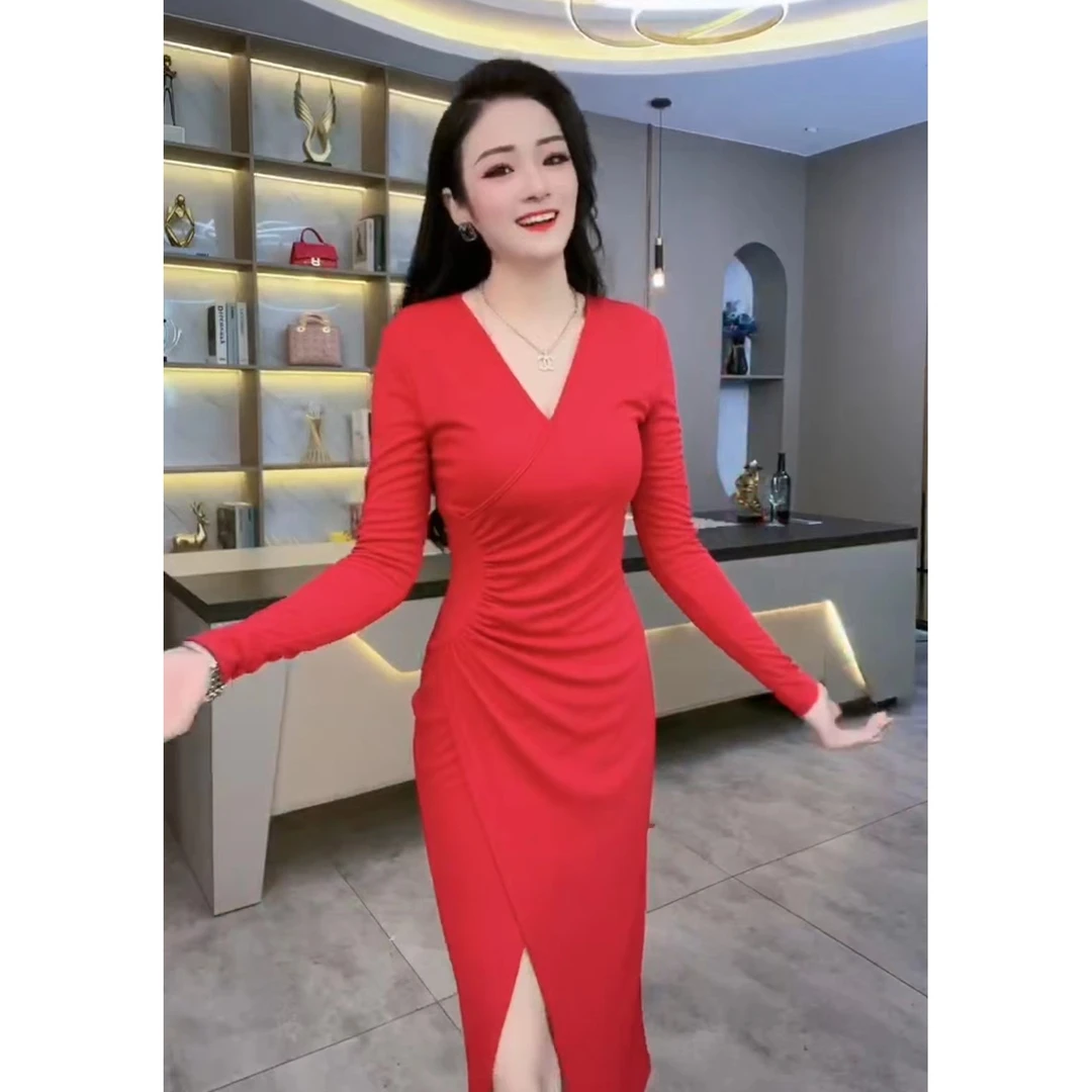 秋季修身设计感收腰时尚长袖气质名媛法式拼接高腰包臀裙 SS3047