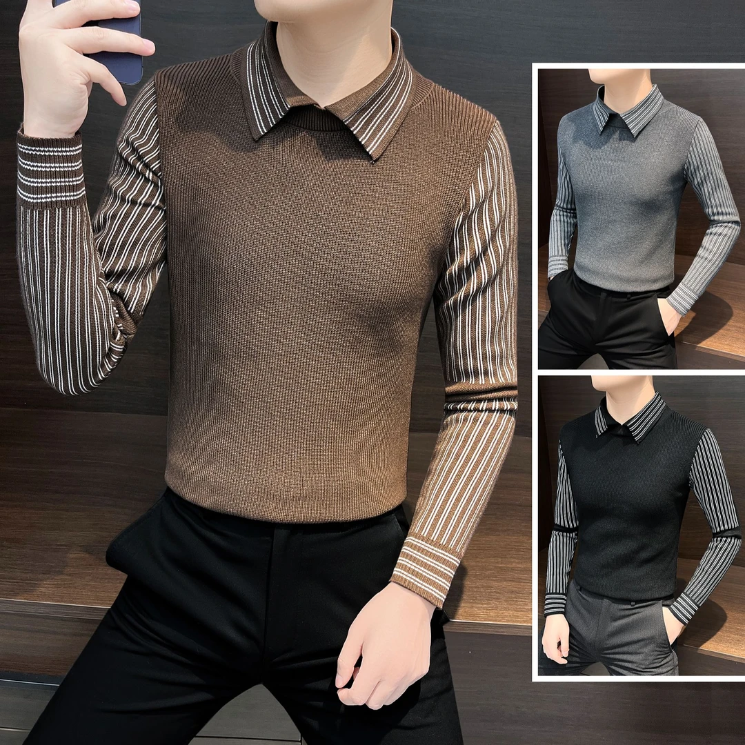 假两件毛衣男款春秋2025新款爆款痞帅男装条纹修身针织男士打底衫