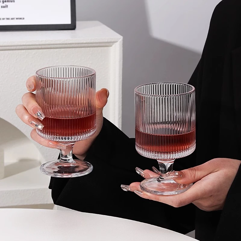 【刘畊宏健康】6只装爆款竖条纹高脚杯冰淇淋杯ins高颜值玻璃红酒杯