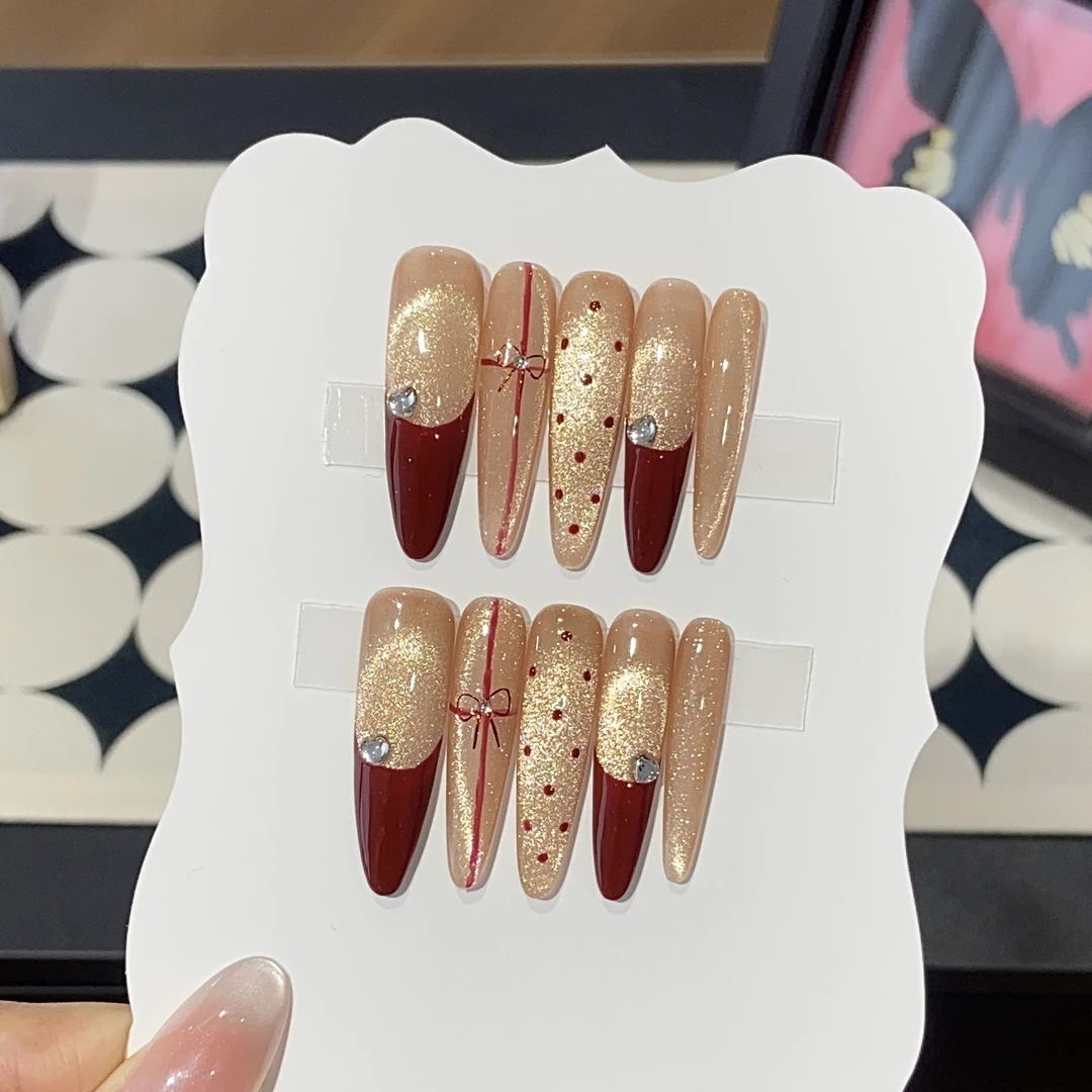 《红丝绒》纯手工穿戴甲气质女神红色堆钻纯欲显白猫眼新年ins