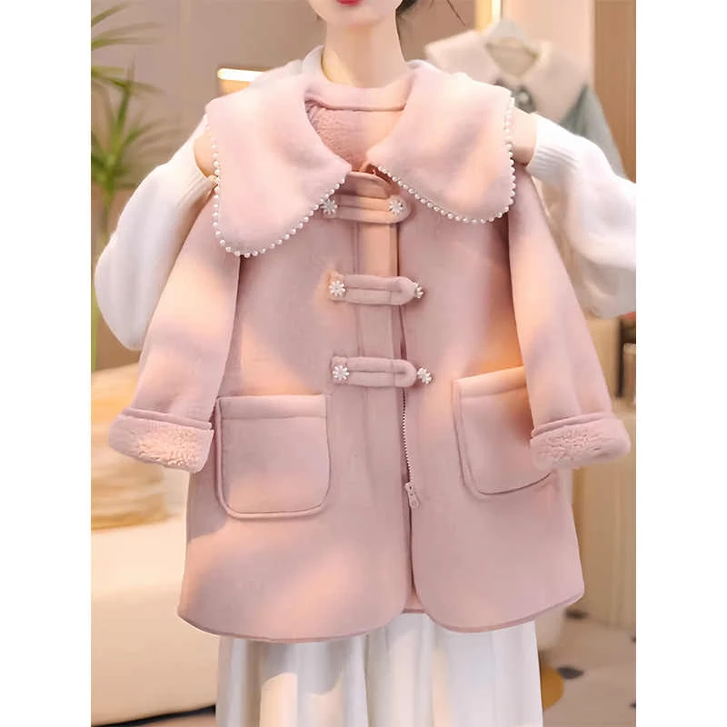 2025新款冬季女童甜美珍珠领外套加厚保暖洋气公主风棉服韩版