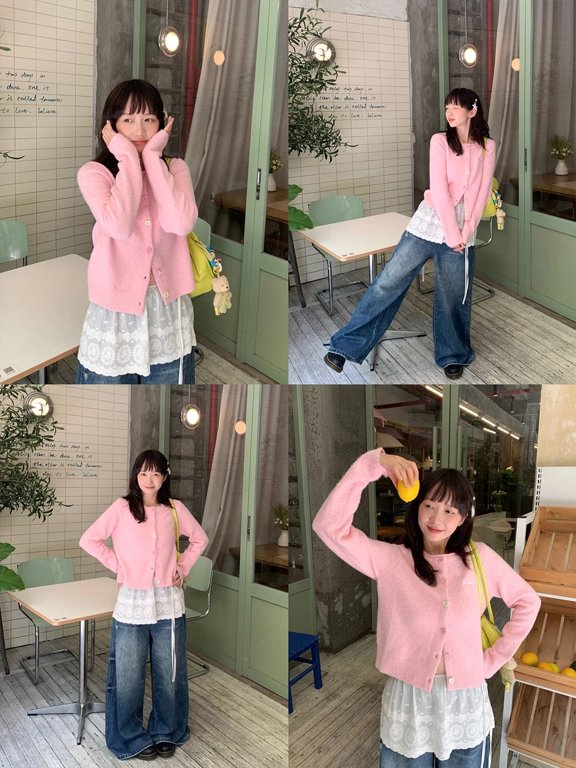 韩系少女混纺复古圆领针织开衫秋冬外套绿色毛衣女外搭韩版