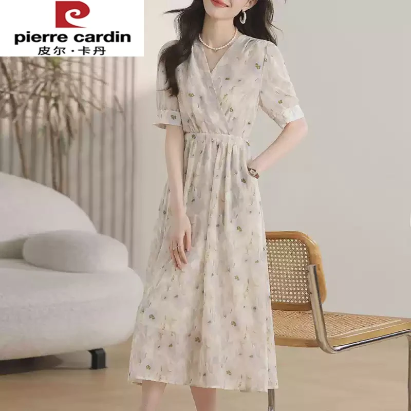 皮尔卡丹温柔风碎花连衣裙新款女夏季高级感气质v领收腰显瘦雪纺