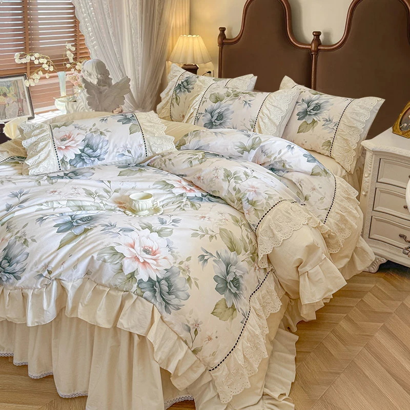 新款法式纯棉床裙四件套荷叶花边家用保暖席梦思保护罩四季款棉