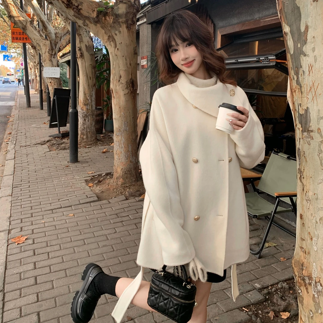 韩系高级双面羊绒大衣女MIU系千金1OO小个子系带白色气质毛呢外套