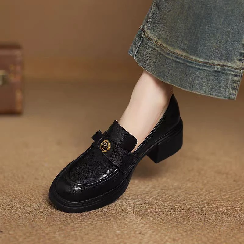 牛皮版~新款复古粗跟乐福鞋女一脚蹬圆头单鞋真皮通勤懒人小皮鞋