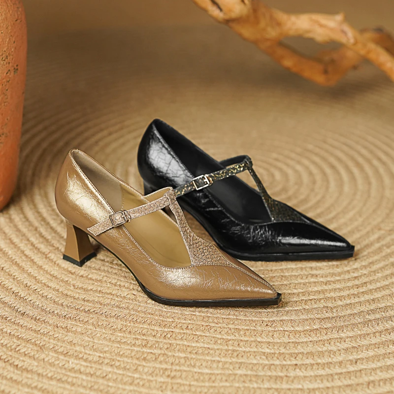 牛皮+鱼皮5厘米浅口单鞋气质百搭中跟舒适时尚女鞋SGD116