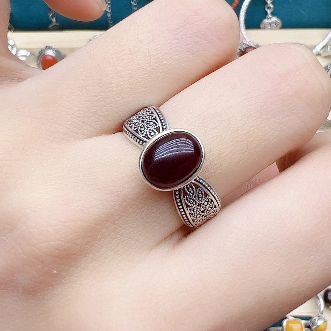 血珀戒指银S925镶嵌天然