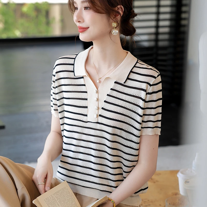 夏装冰丝针织短袖翻领小衫中老年休闲T恤女装中年妈妈妈妈装夏装