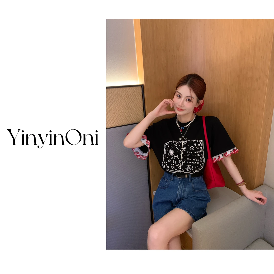 茵茵欧尼（樱桃）花边卡通短袖T恤女 韩版气质时尚ins百搭上衣女