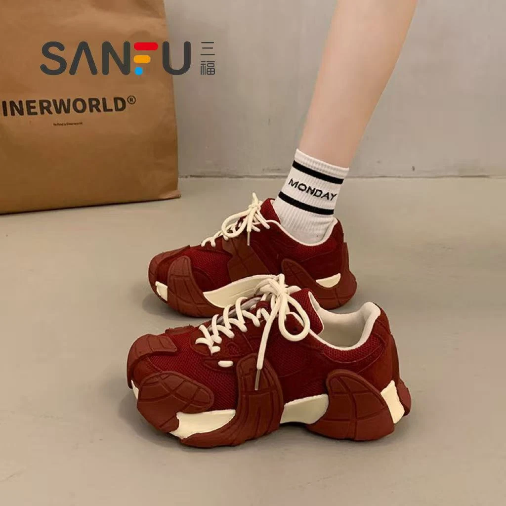 三福厚底增高老爹鞋女2025秋季新款红色八爪鱼个性休闲网面运动鞋
