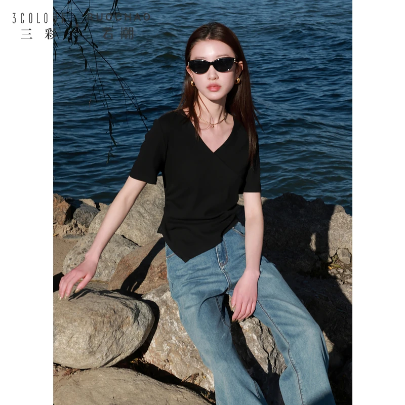 大码女装2025夏季新款V领短袖T恤小衫套头修身不规则上衣胖MM