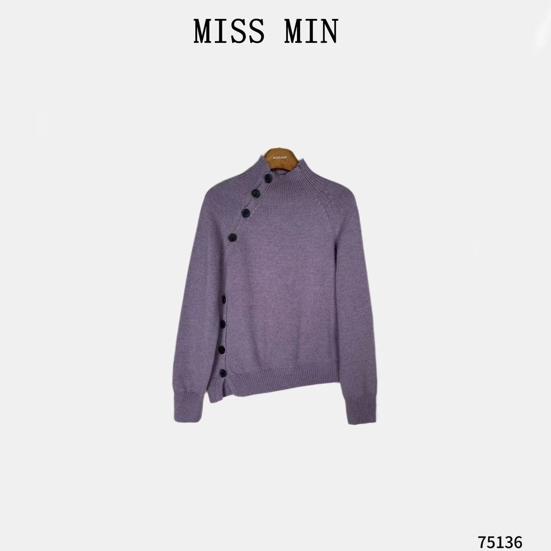 MISS MIN【彩色】时尚半高领毛衣斜钮扣设计小众衣服宽松上衣75136