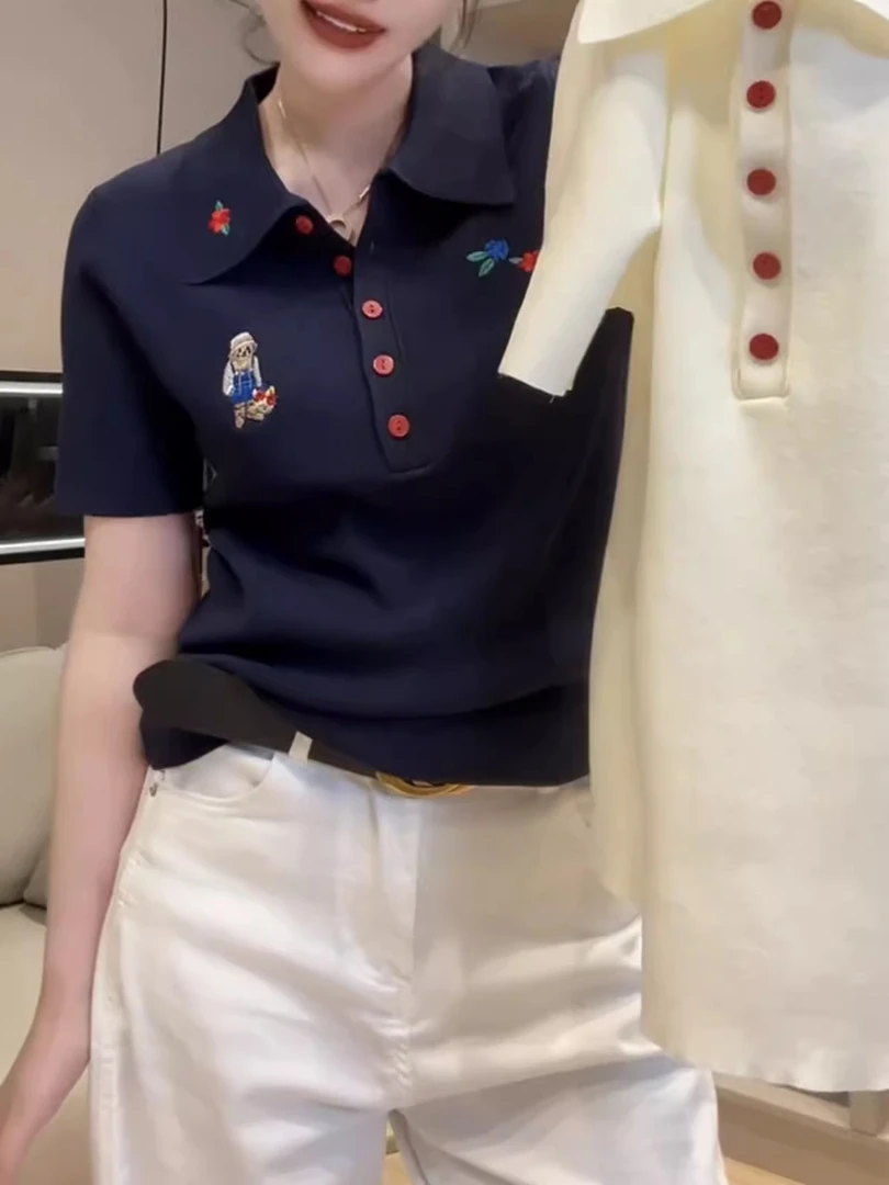 欧货2025夏新款显瘦百搭翻领短袖冰丝针织T恤女刺绣小熊上衣打底