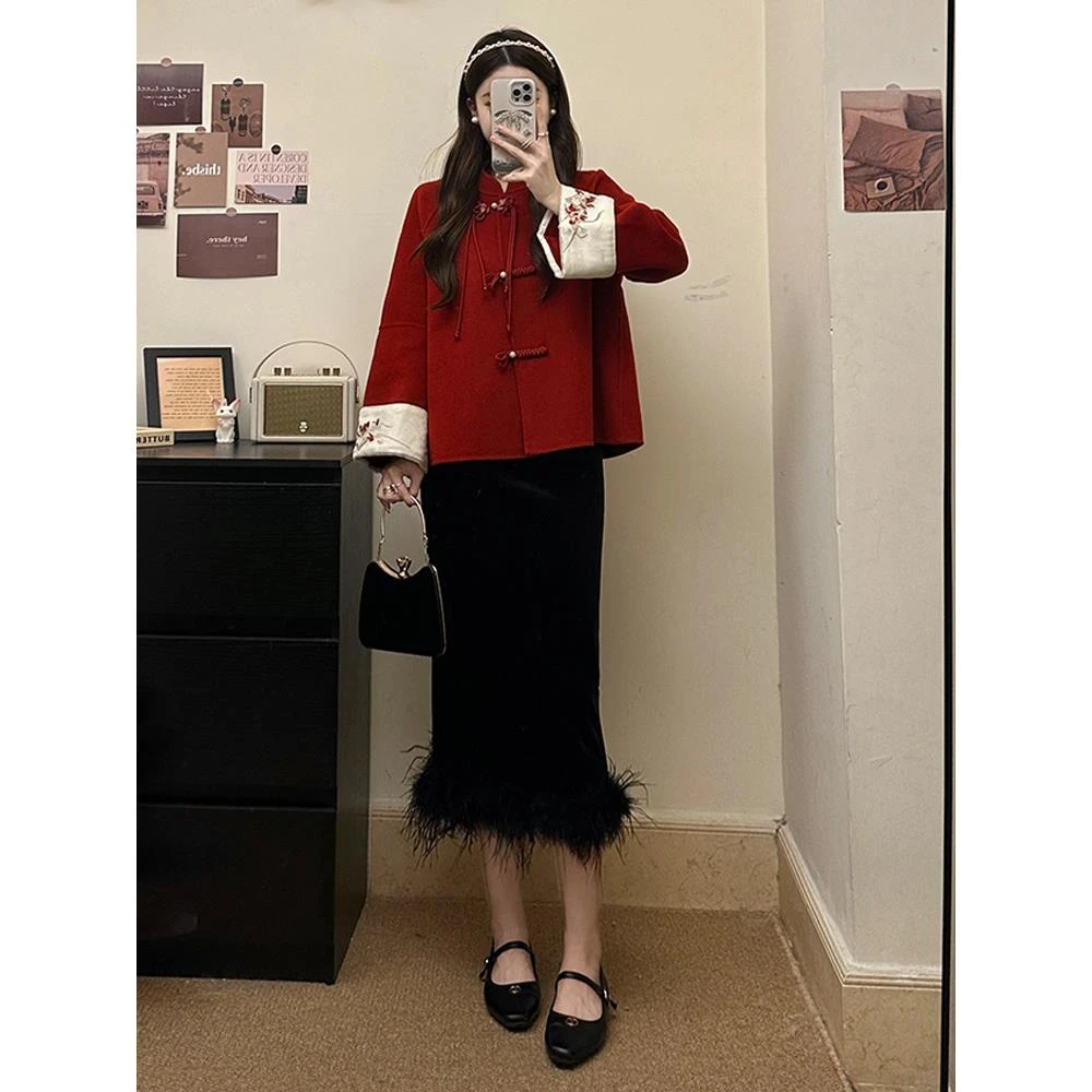 采购产品新中国风格圣诞和新年衬衫，夹克和裙子，两件套