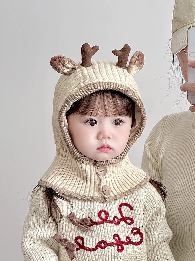 儿童帽子围脖一体帽季保暖针织防风毛线帽男女宝宝护耳帽