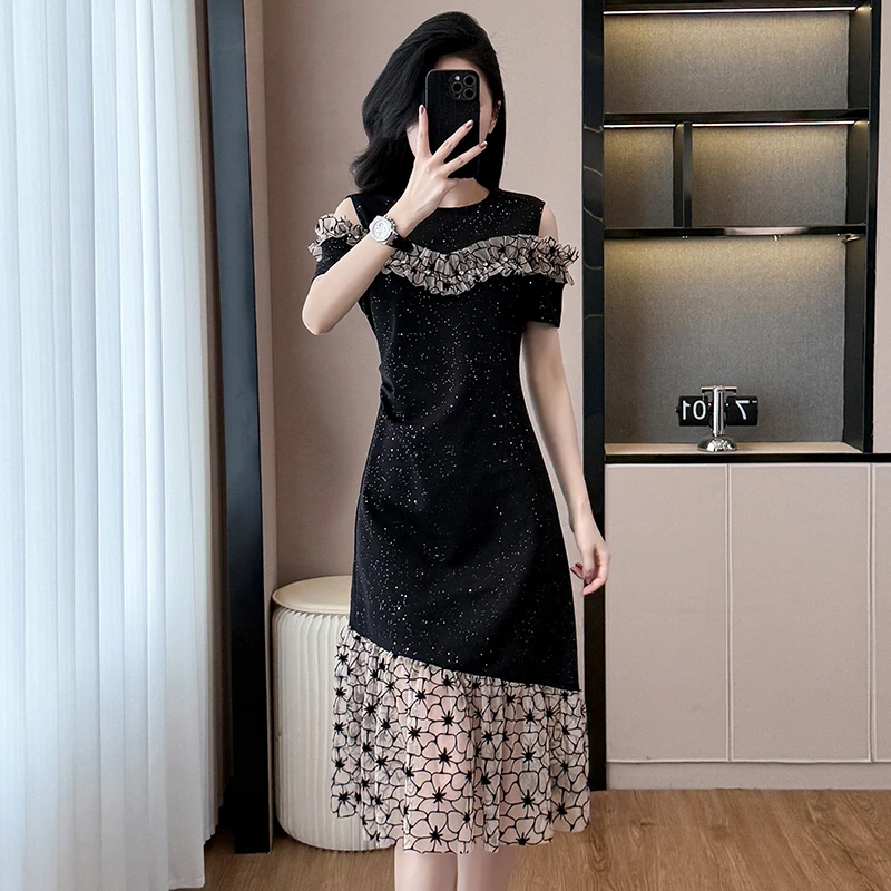 设计感高级洋气连衣裙女2025夏拼接露肩气质收腰显瘦拼接鱼尾裙