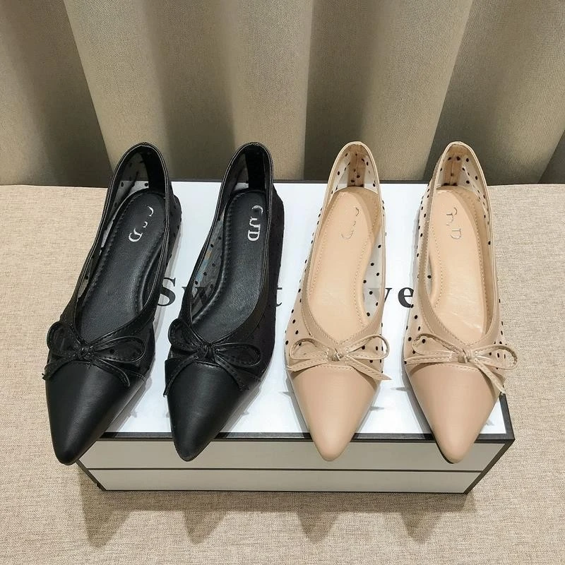 【新品】2025新款尖网纱底鞋上班透气蝴蝶结凉鞋镂空软底浅口外穿单