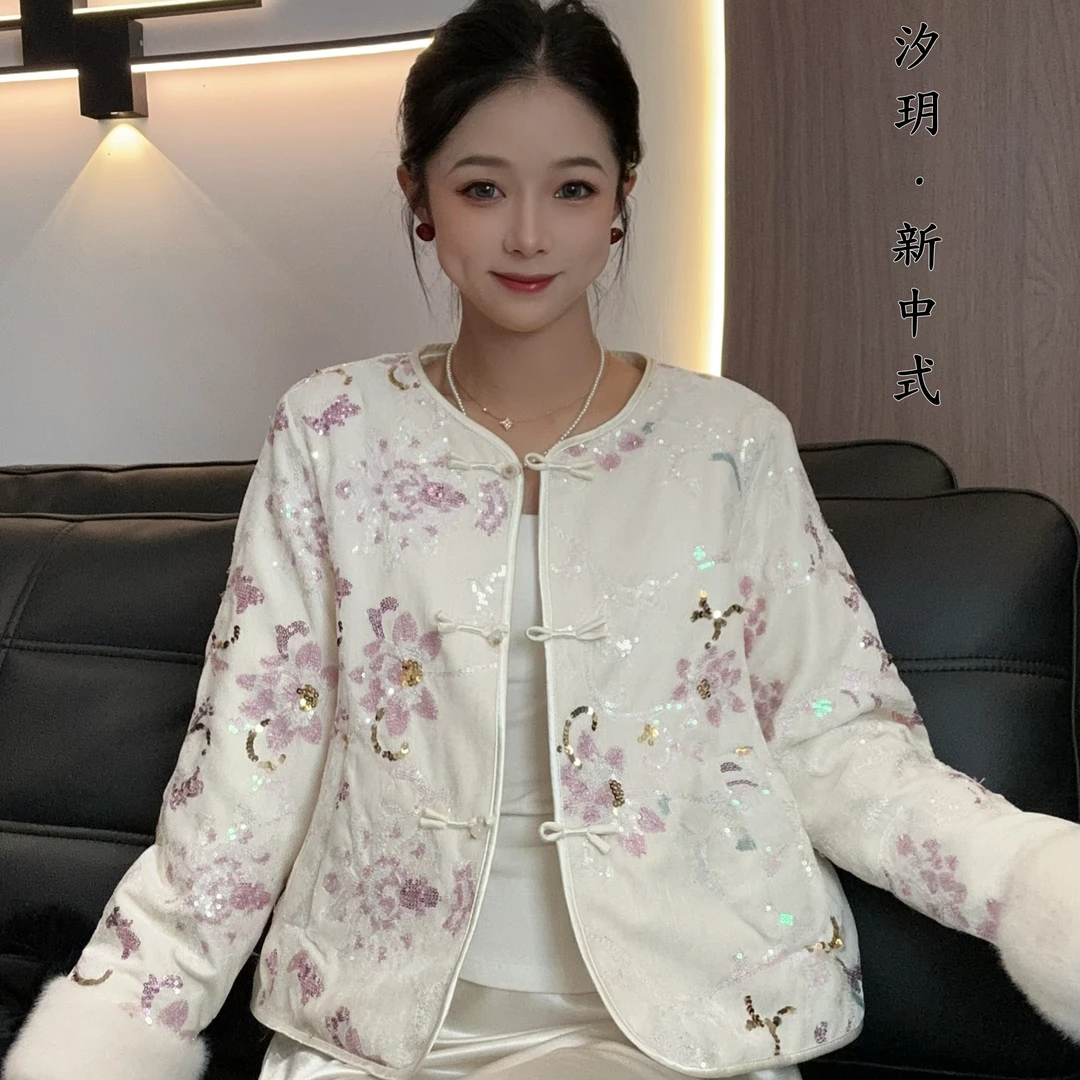 【甜酒】重工珠片绣丝绒新中式保暖冬季羽绒服女