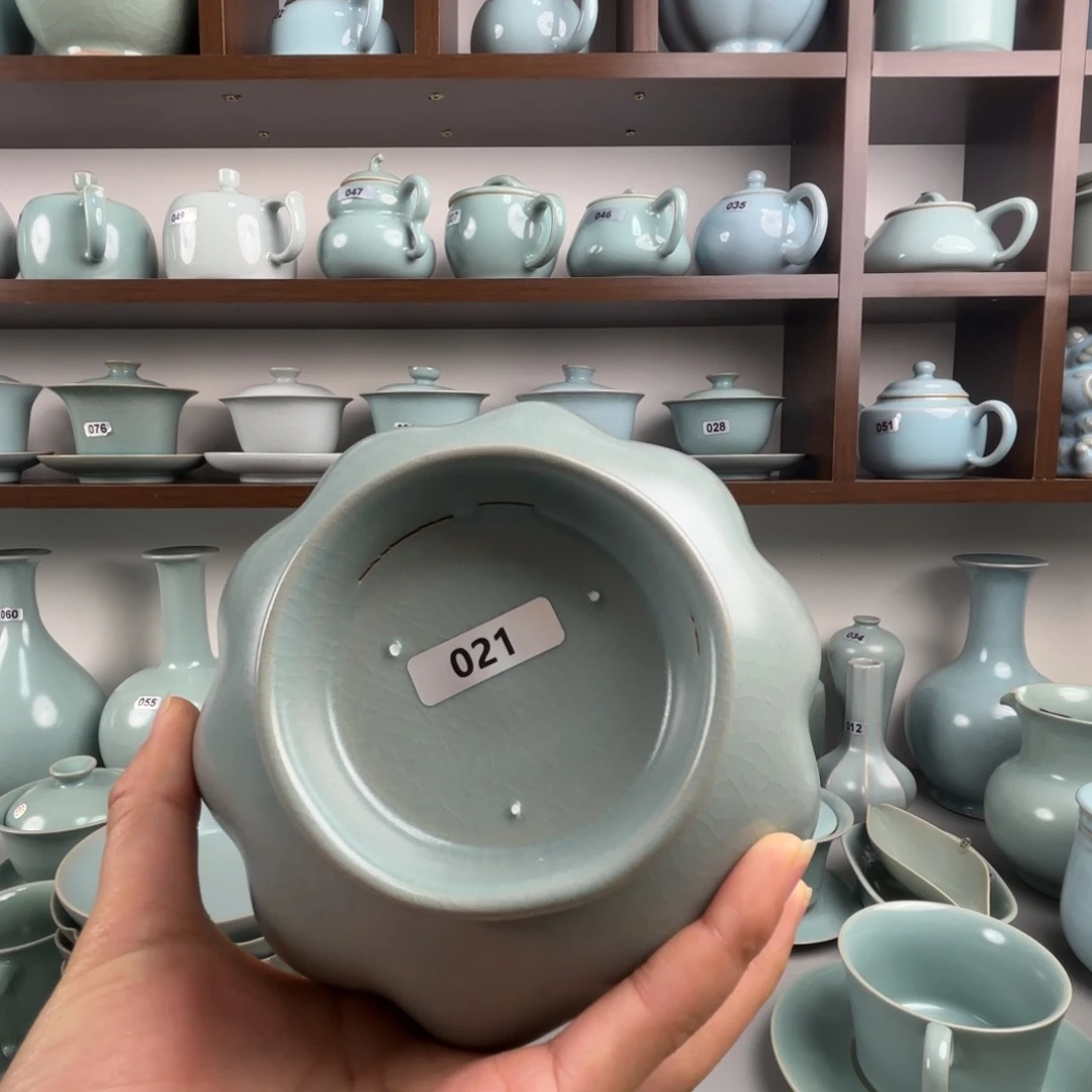 陶摆件汝瓷莲花碗支钉烧仿古釉大瑕021不退不换