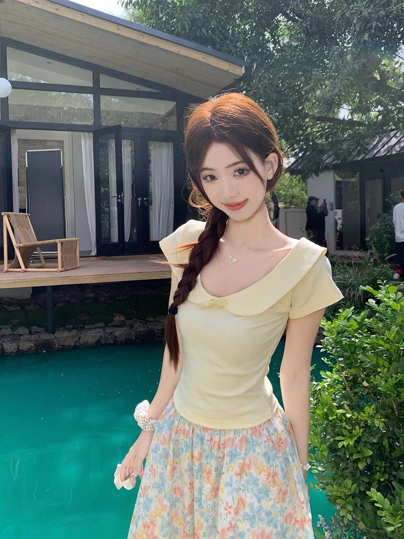 夏季时尚蝴蝶结洋气短袖T恤温柔优雅气质收腰显瘦休闲设计感上衣