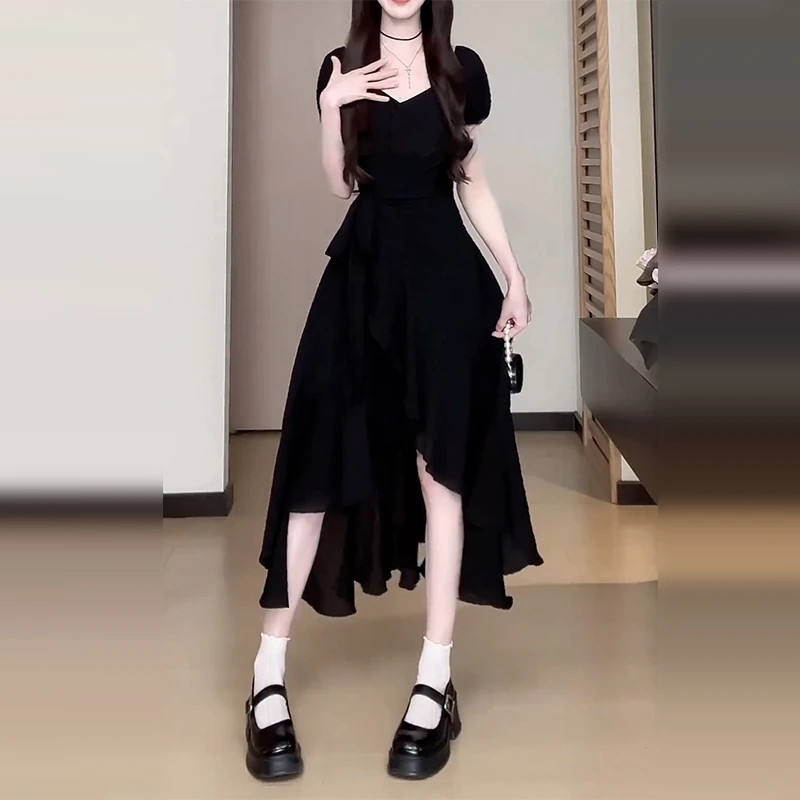 【现货+运补】黑色赫本风不规则收腰显瘦短袖中长裙3687