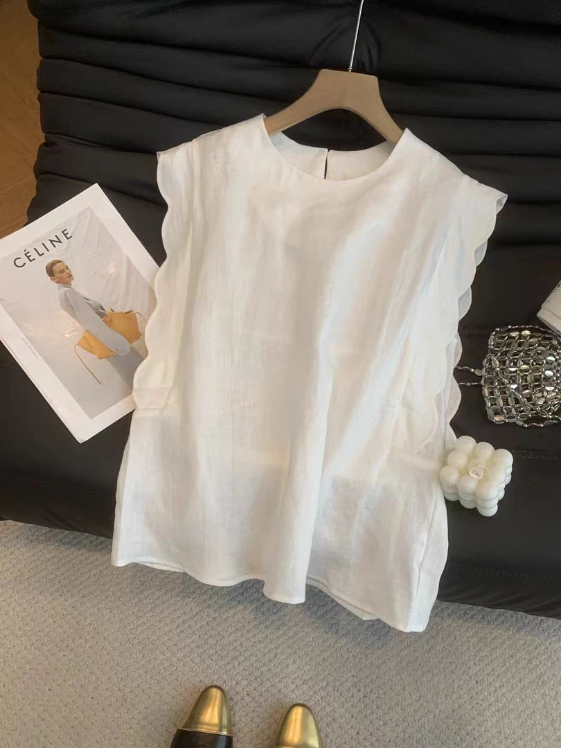 02576张十柒夏装新款欧货韩版宽松休闲圆领波浪纹无袖苎麻衬衫