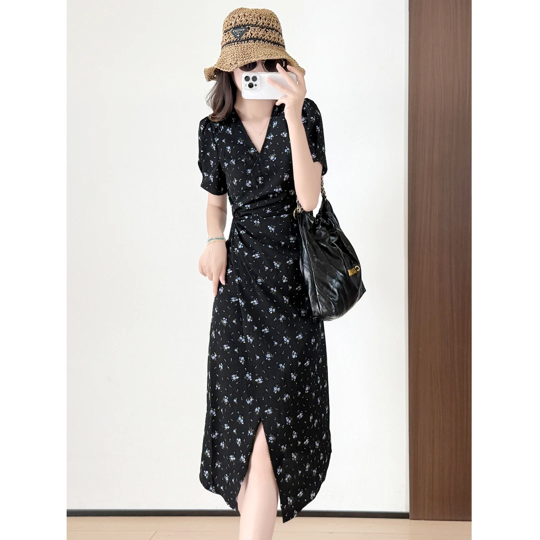 【清仓】法式浪漫肌理感V领碎花裙女薄垂质感轻盈透气印花连衣裙