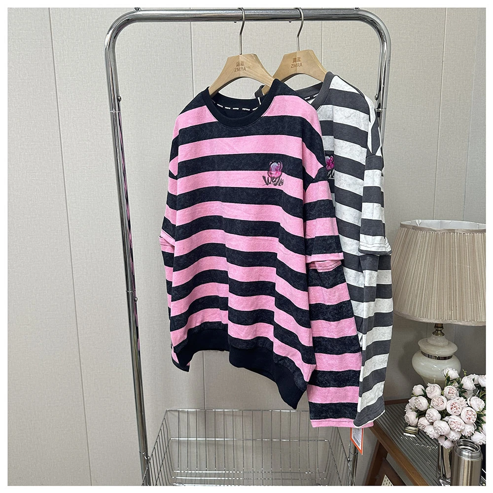 1W042春季新款宽松条纹圆领长袖卫衣女