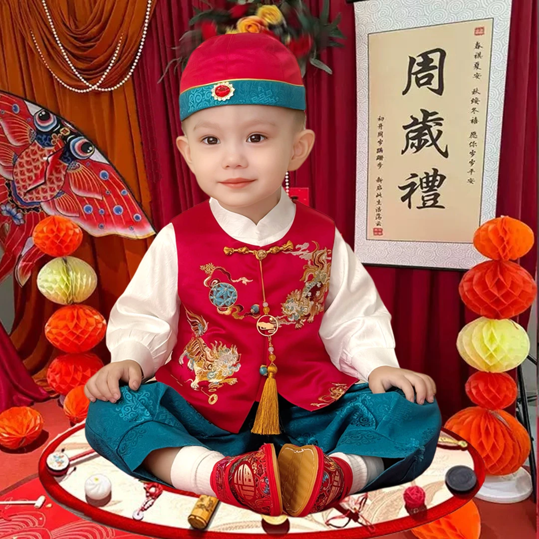 周岁礼服男宝宝中式抓周服男童唐装婴儿高档春秋季貔貅马甲套装