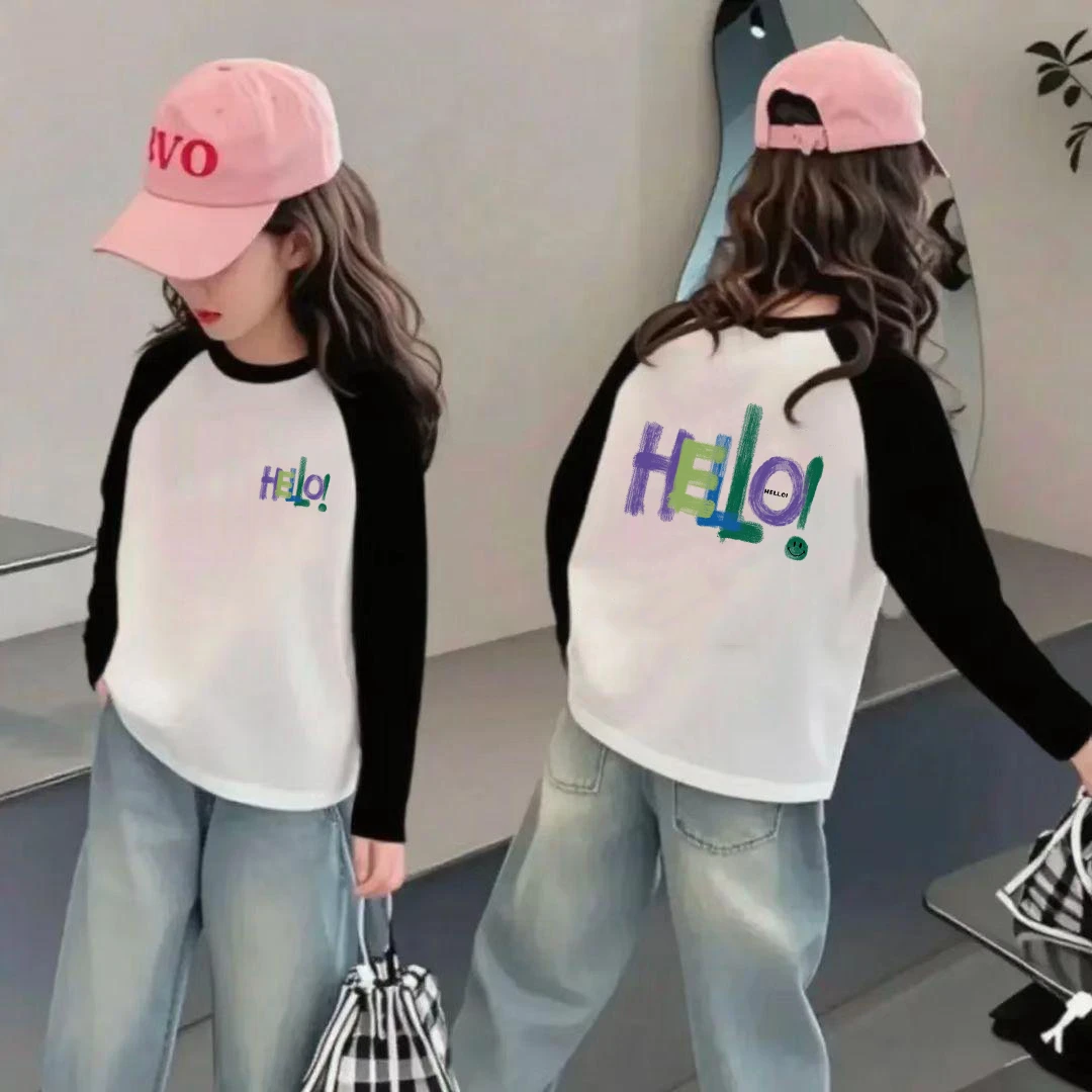 女童t恤长袖春秋新款儿童春秋童装撞色插肩袖大中小童韩版打底衫