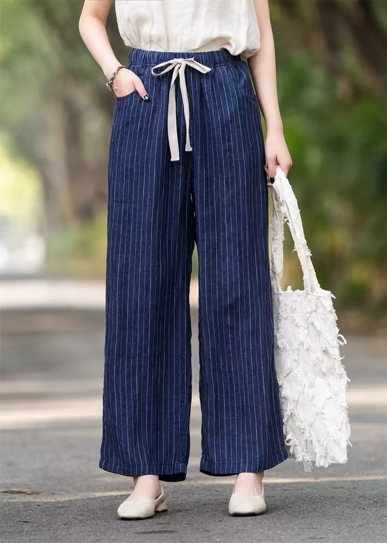 ZQ5896色织亚麻订单面料条纹直筒裤