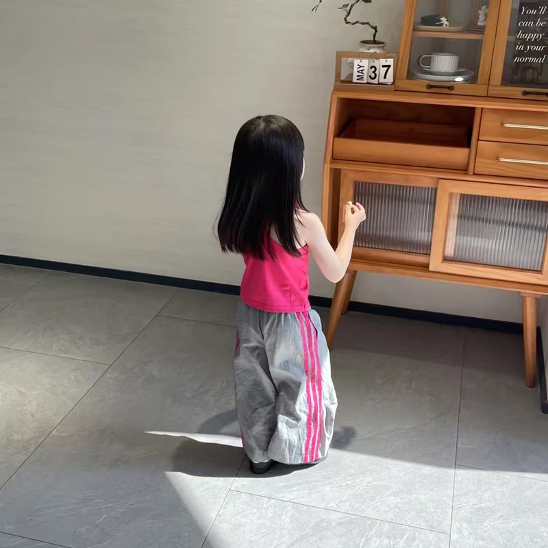 壹妈韩版童装女童多巴胺穿搭夏季套装儿童洋气运动粉色背心休闲裤