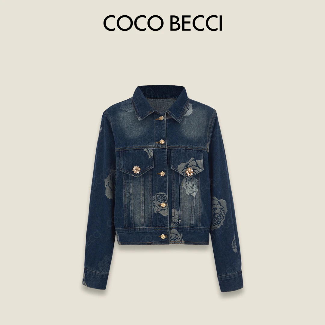 COCO BECCI【玫瑰牛仔】刺绣玫瑰印花法式优雅牛仔外套CFHHC200026
